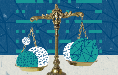 Golden scale with AI Algortithm network and number rounds on it. In the background there are more lines representing networks (dark blue). The scale on on a white background "table."